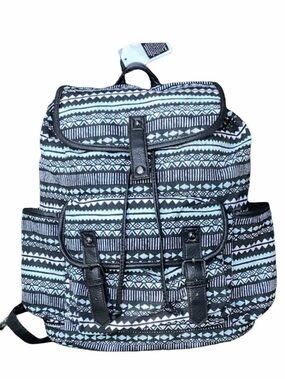 Backpack Mint Green Print Black Trim Side Pockets Drawstring Top New